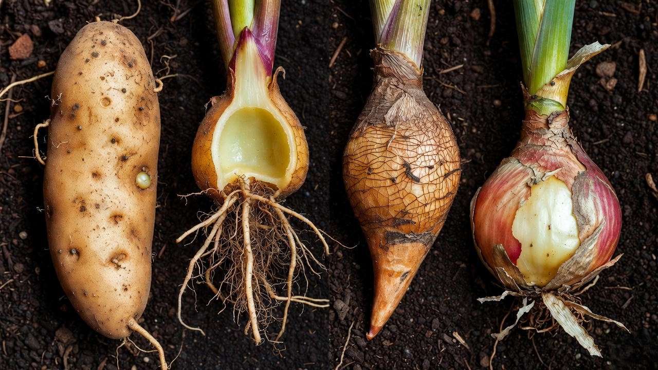 Close-up of potato tuber, dahlia tuber, corm, and true bulb side by side showing the differences