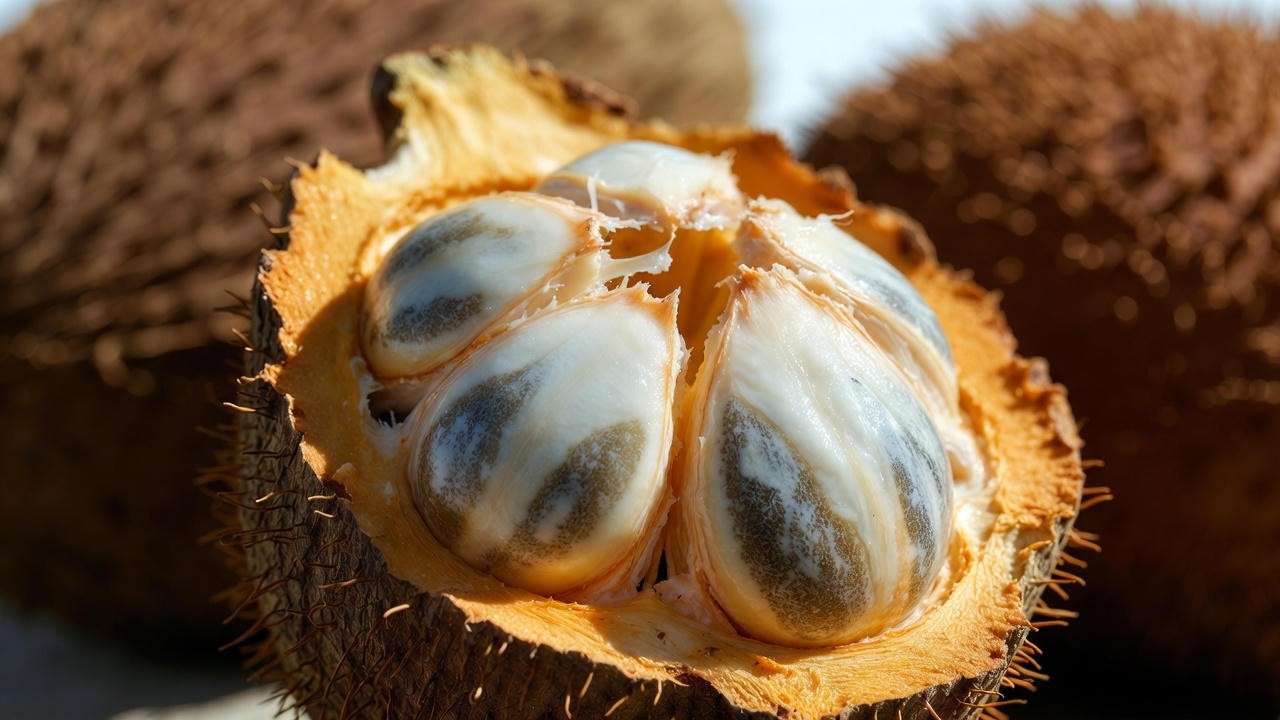 Fresh cupuaçu fruit cut open showing creamy white pulp and seeds – Theobroma grandiflorum superfruit