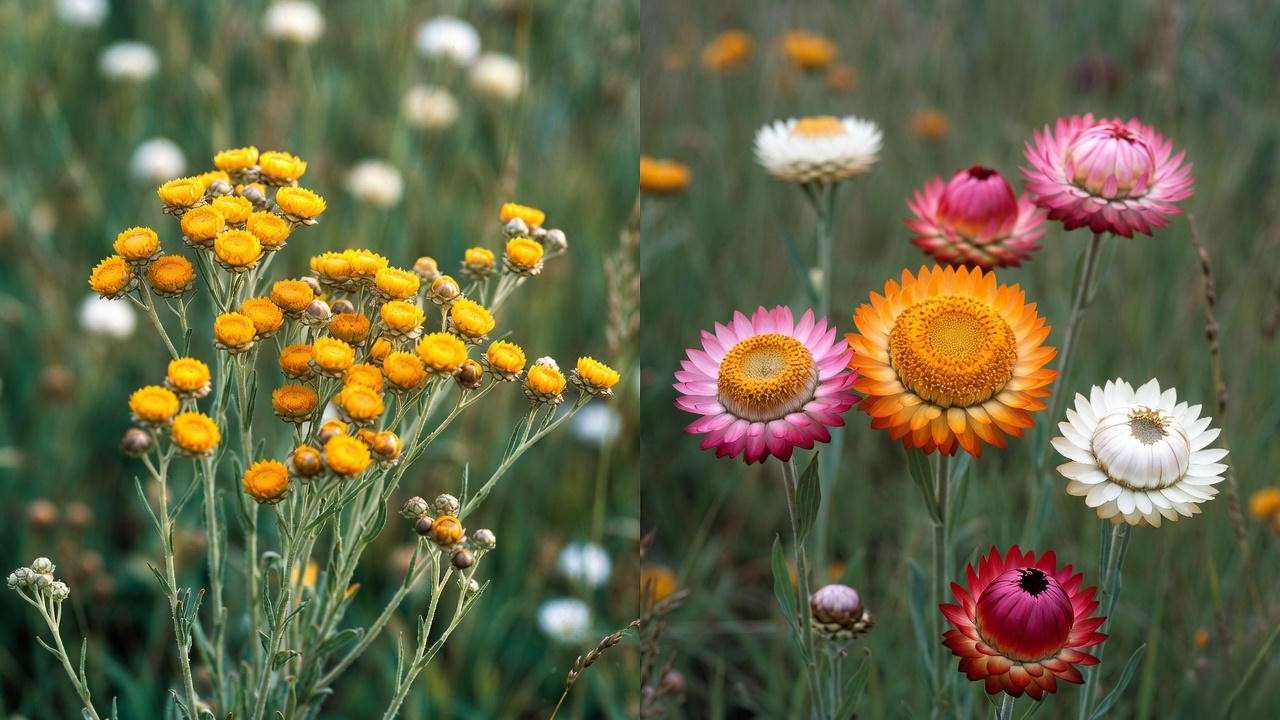Close-up comparison of Helichrysum arenarium and Xerochrysum bracteatum life everlasting plant flowers