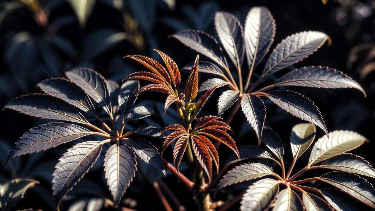 Close-up of Olympia False Aralia plant’s fine serrated dark foliage and bronze new growth