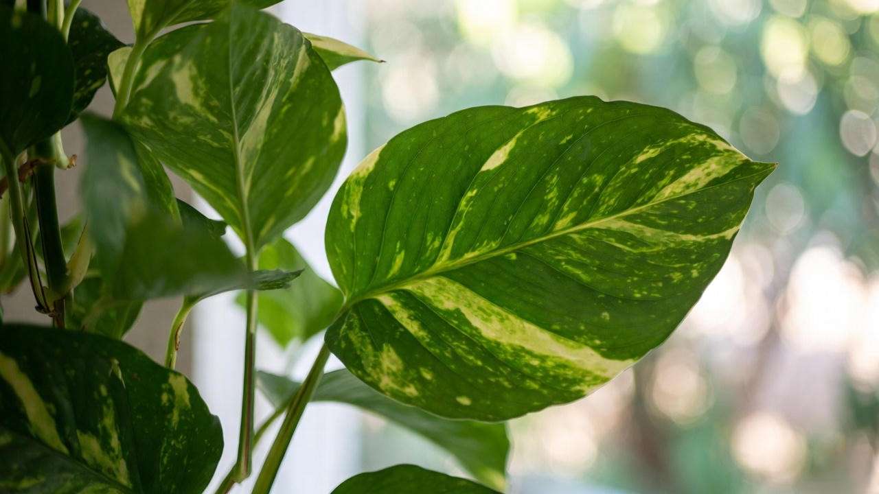 Healthy golden pothos plant with variegated leaves