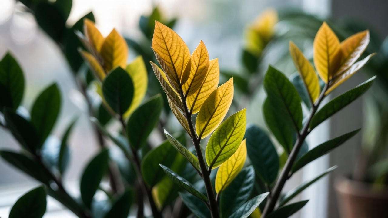 Chameleon ZZ Plant with vibrant golden-yellow new growth transitioning to deep green mature leaves