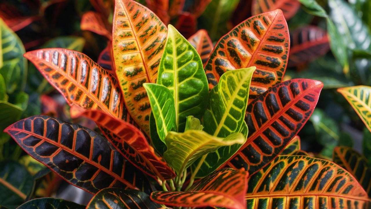 Close-up of vibrant Mammy Croton leaves showing red, yellow, purple, and green variegation