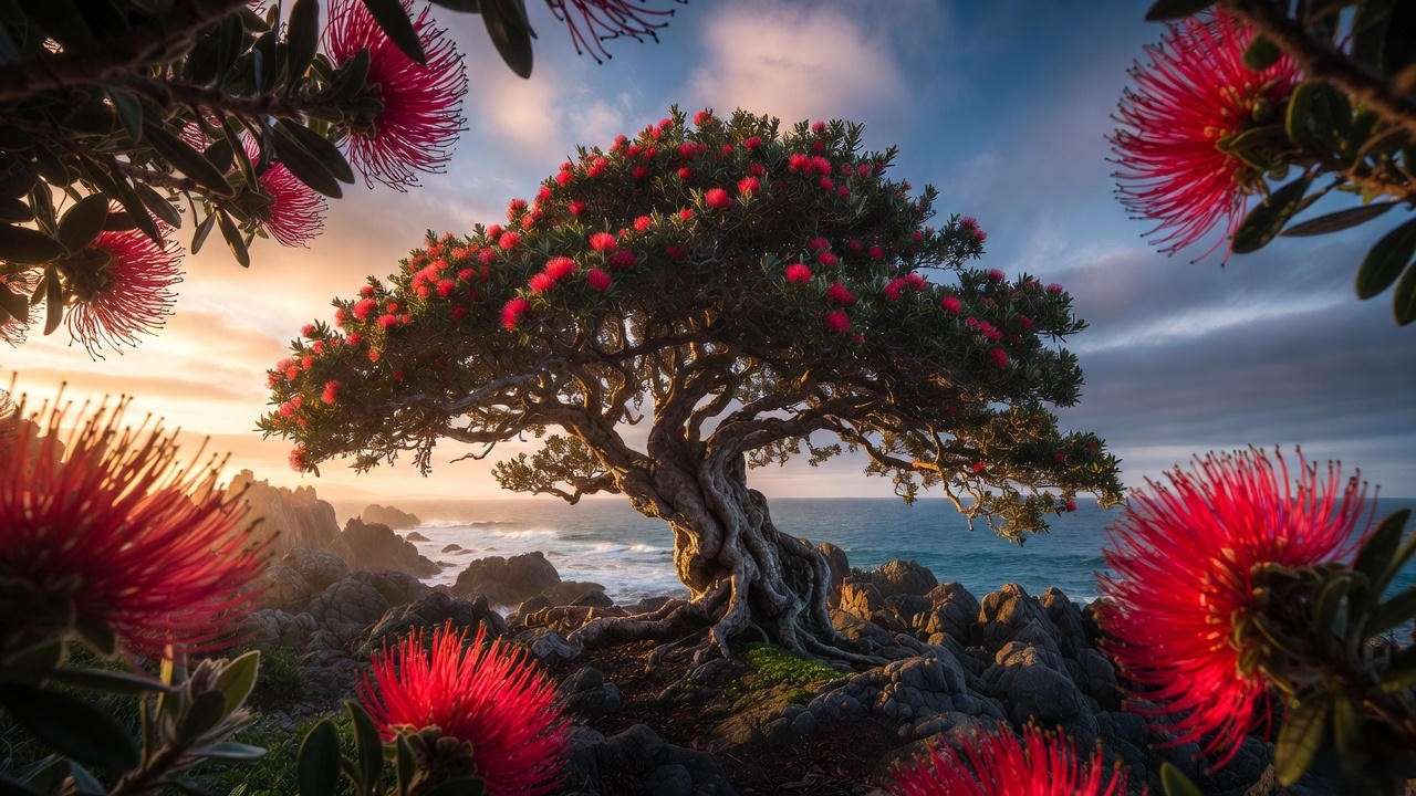 Ancient pohutukawa tree in full crimson bloom on a New Zealand coastal cliff