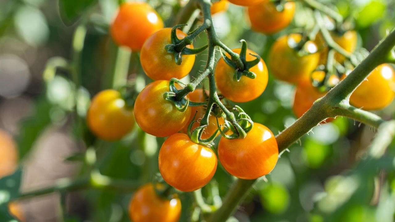 Ripe Sun Gold cherry tomatoes in a perfect cluster on the vine