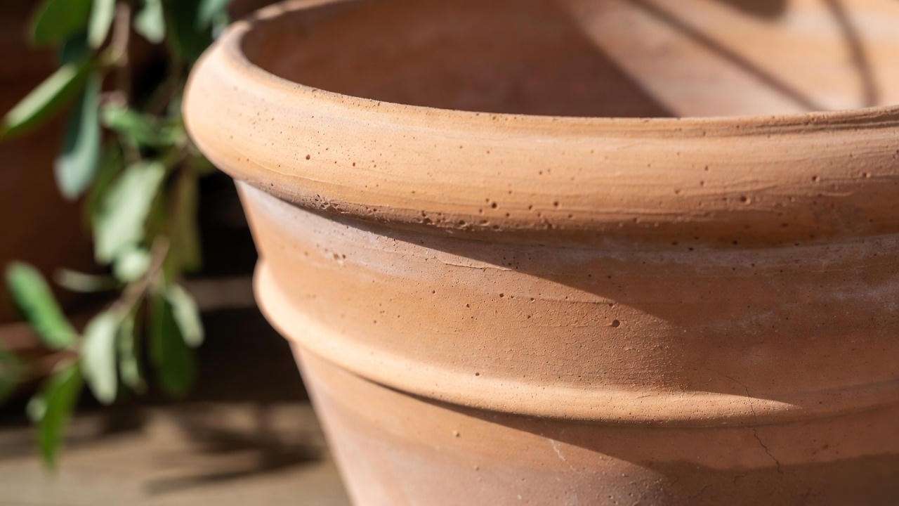 Close-up of porous terracotta texture on a large planter showing natural breathability