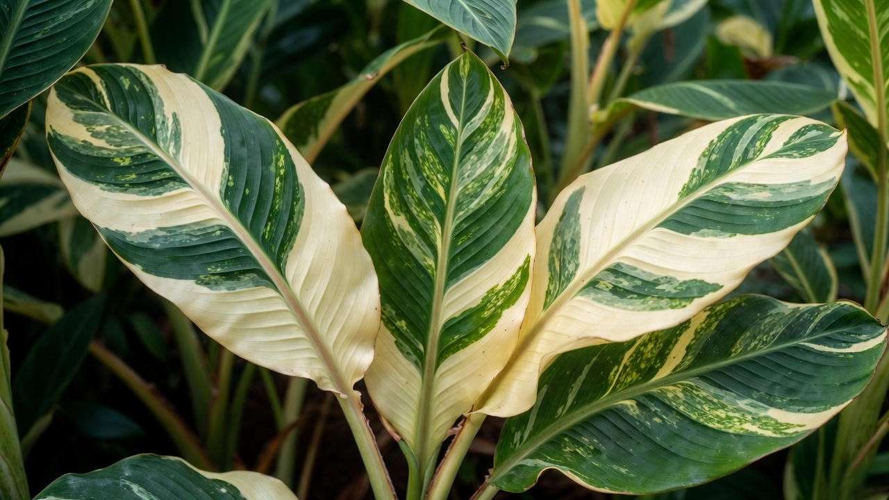 Close-up of variegated banana plant leaves with striking green and white stripes on Musa Ae Ae