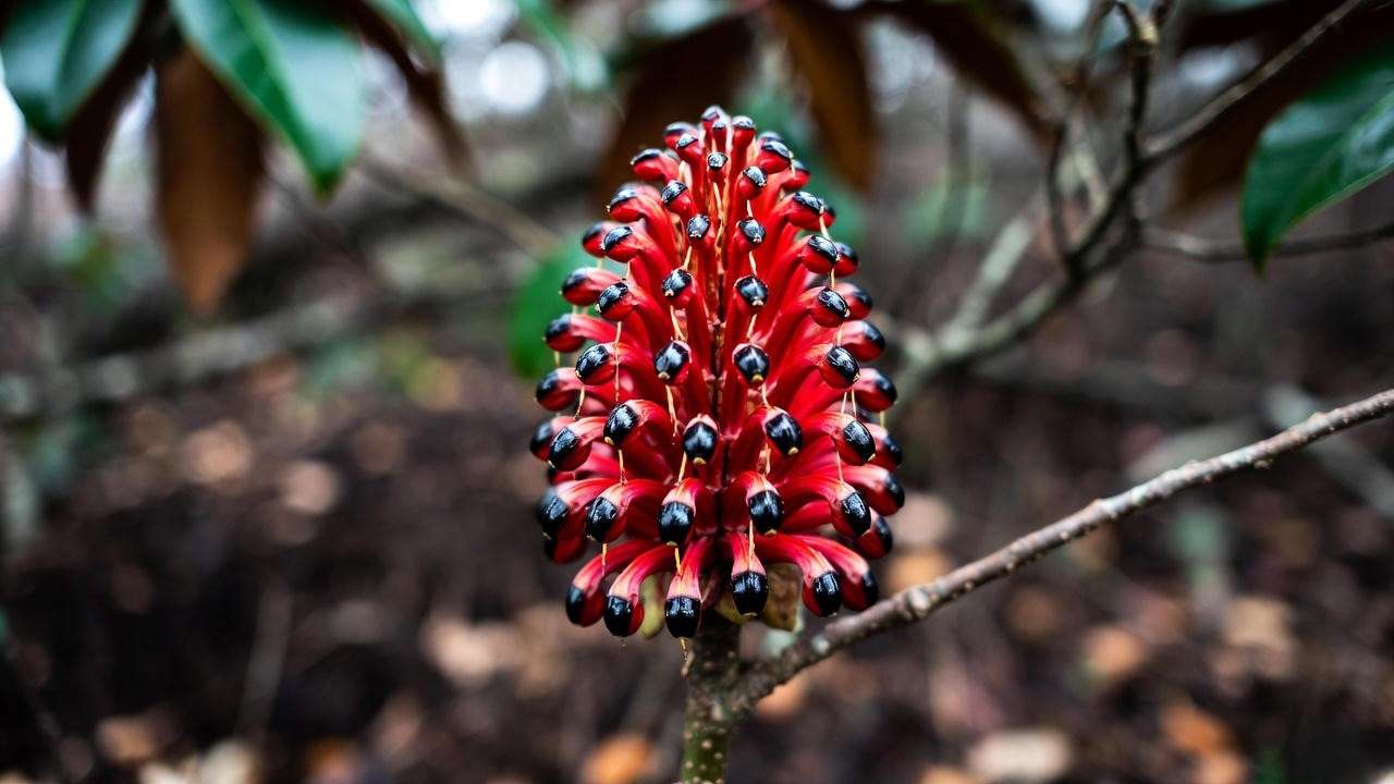 Ripe Southern magnolia cone with bright red arils ready for seed harvest in autumn