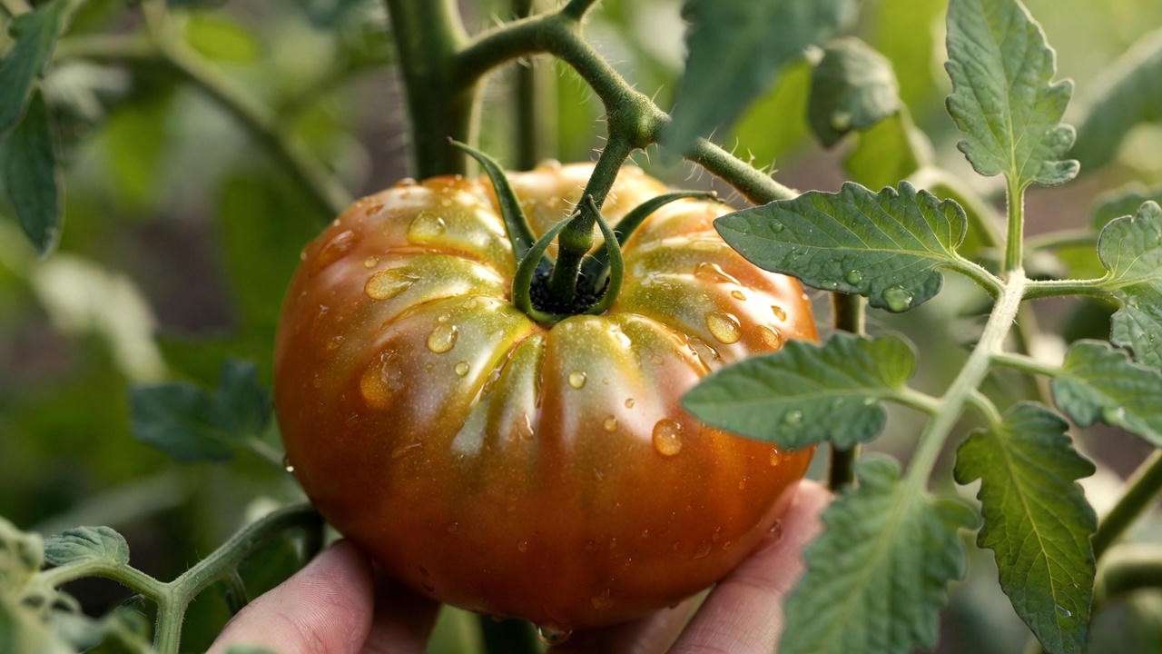 Hand-harvesting ripe Jet Star tomato at peak ripeness