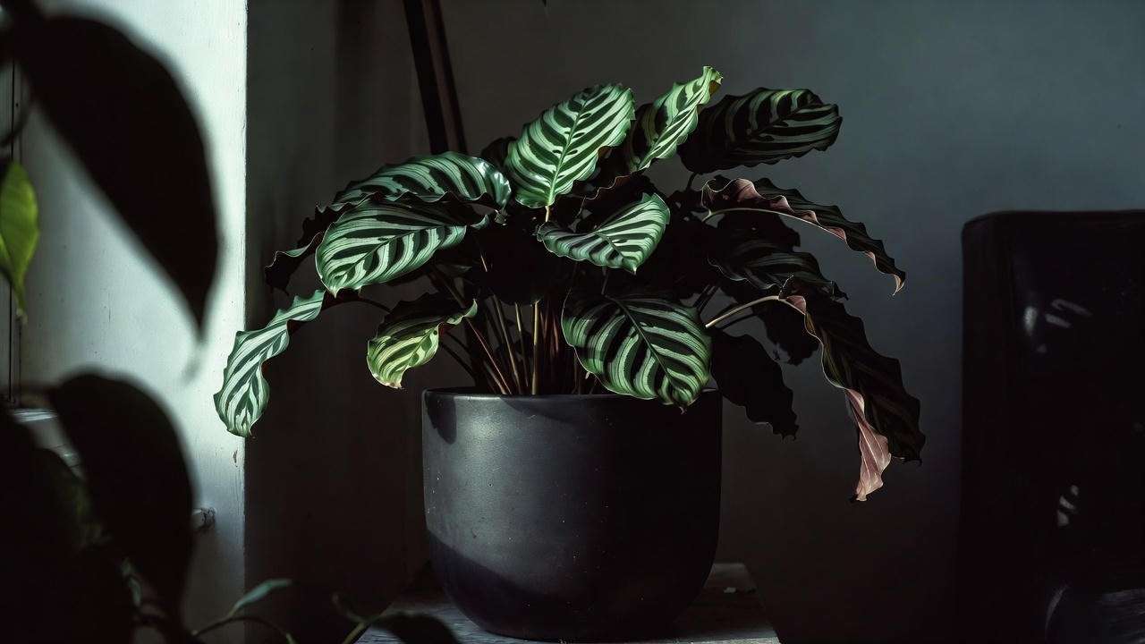Calathea in dark ceramic pot – example of when not to use clear pots