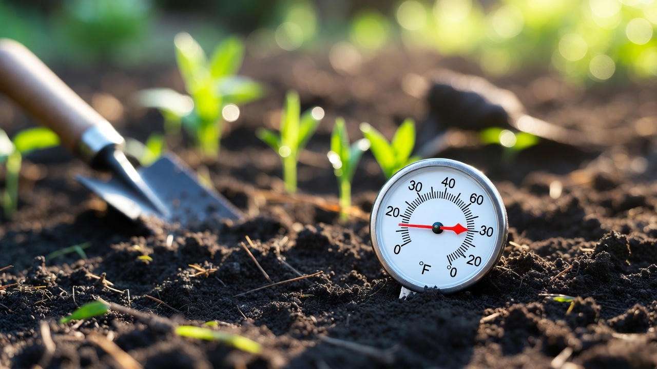 Soil thermometer showing 60°F – ideal temperature for planting dahlias and most tubers