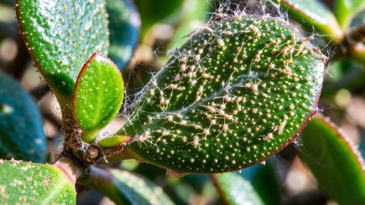 Spider mite damage on jade plant leaves appearing as tiny white dots