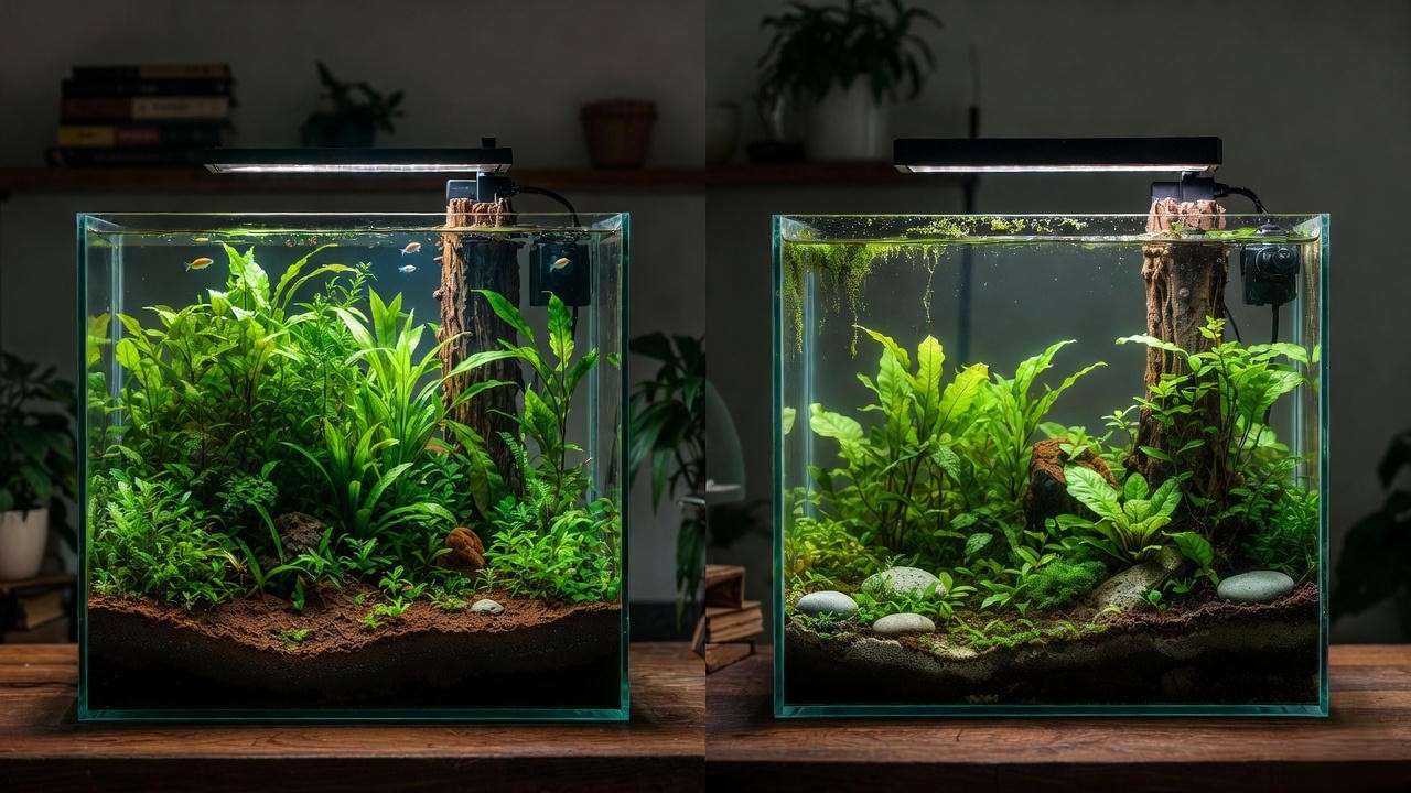 Dirt planted aquarium vs commercial aquasoil comparison showing superior plant growth and water clarity