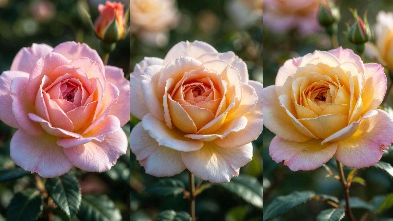 Chicago Peace rose color variations – pink, peach and yellow blooms on one plant