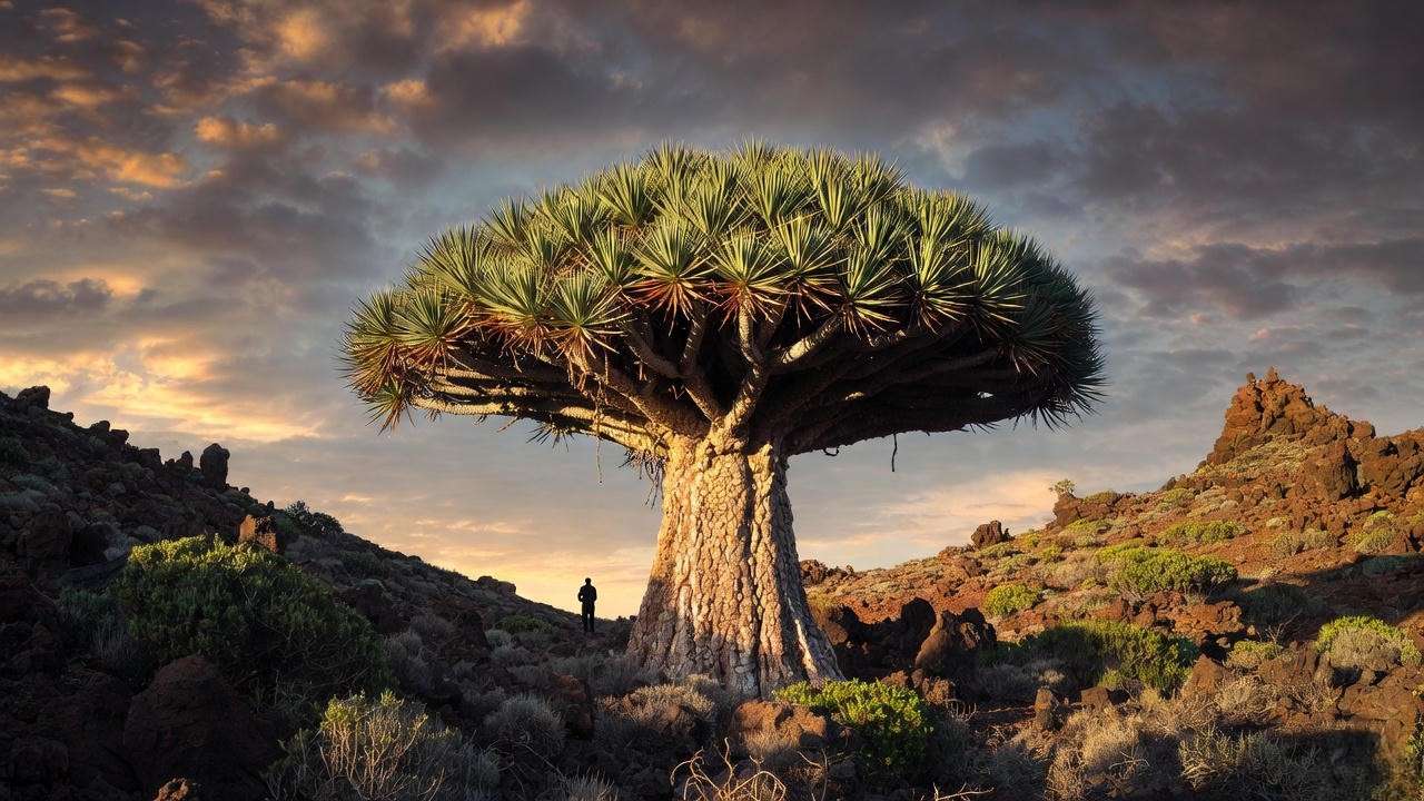 Ancient Dracaena draco dragon’s blood tree in Canary Islands landscape