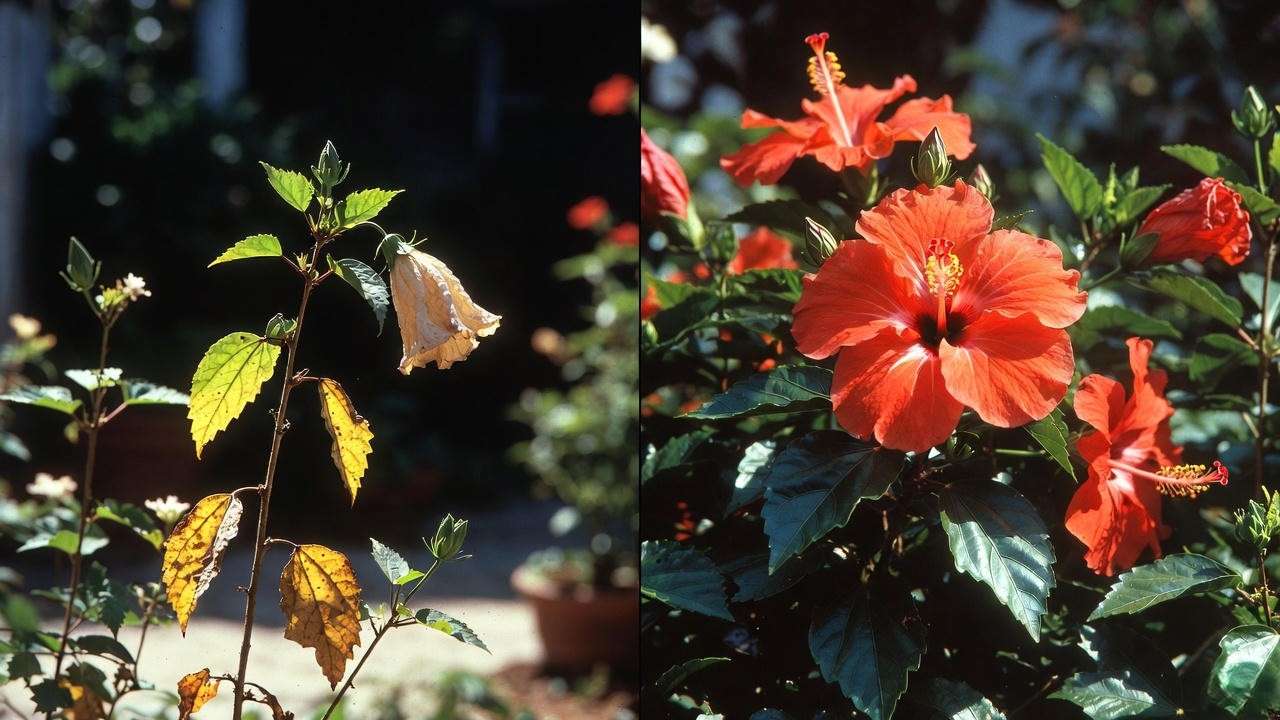 Hibiscus before and after proper fertilization showing yellow leaves vs huge vibrant blooms