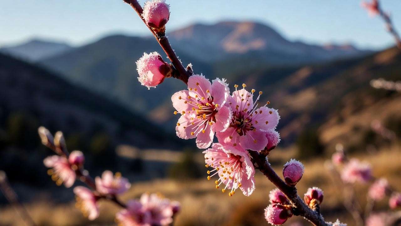 Frost-damaged plum blossoms after late May freeze in Colorado Springs with Pikes Peak in background