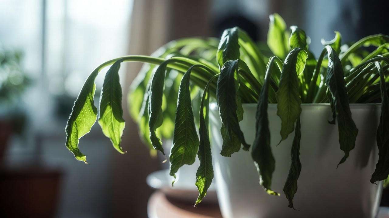 Peace lily with severely drooping leaves showing classic wilting symptoms