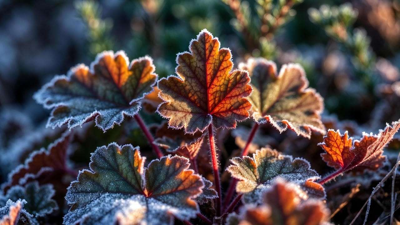 Heuchera Caramel winter foliage color with frost in zones 8-9