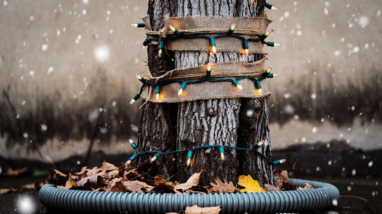 Fig tree wrapped with burlap and Christmas lights for winter protection in cold climates