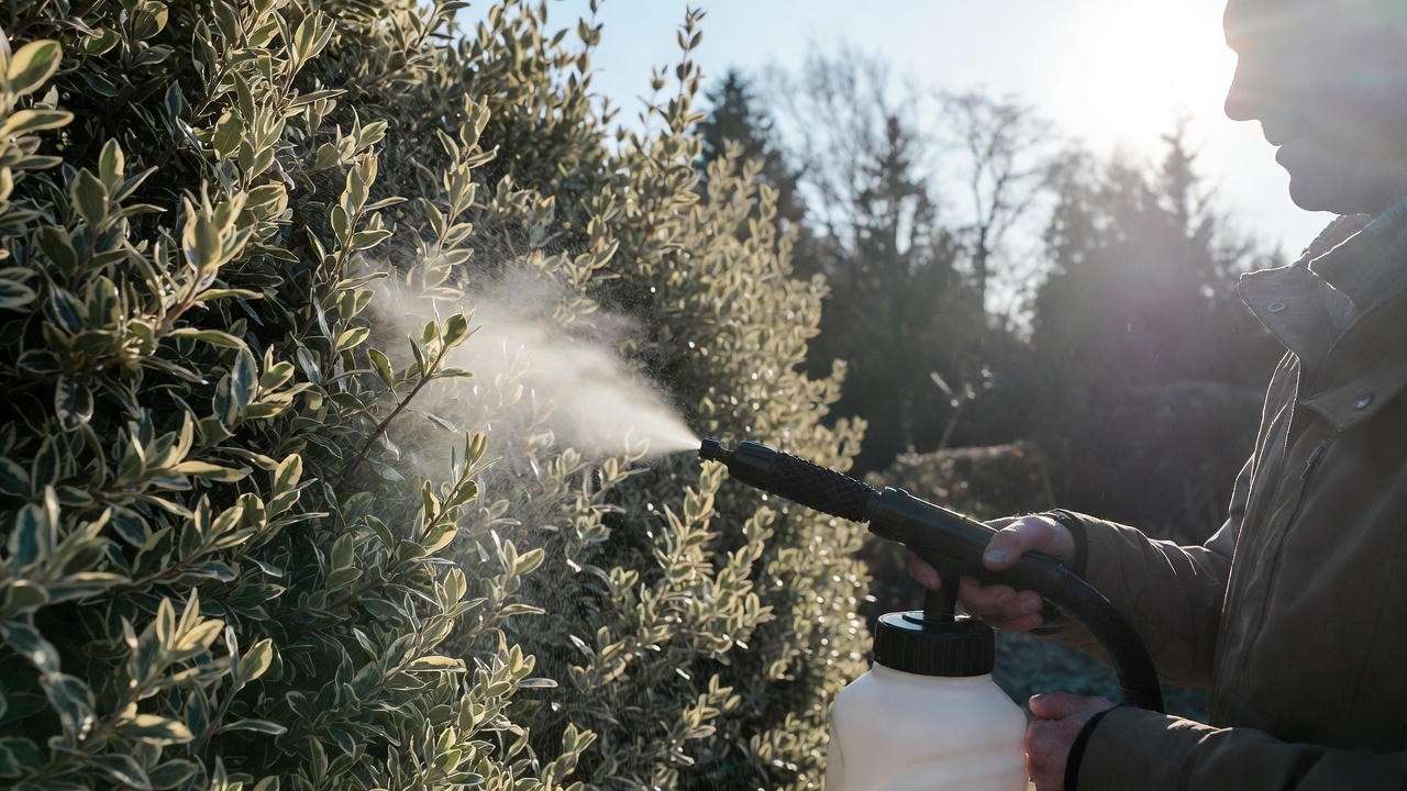 Applying anti-desiccant spray to protect Ligustrum Jack Frost from winter burn