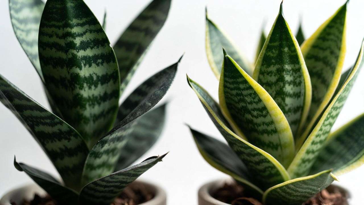 Zeylanica snake plant vs Laurentii comparison showing solid green leaves versus yellow-edged variegation