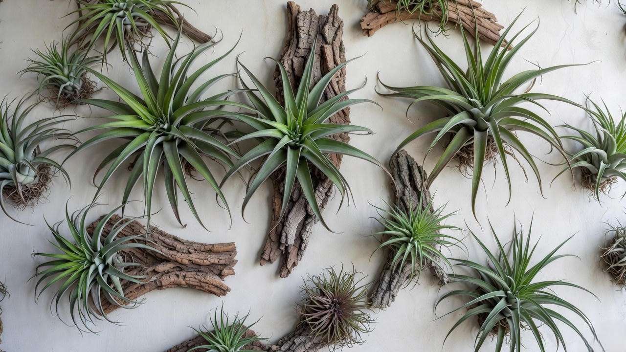 Large air plants mounted on cork bark as living wall art