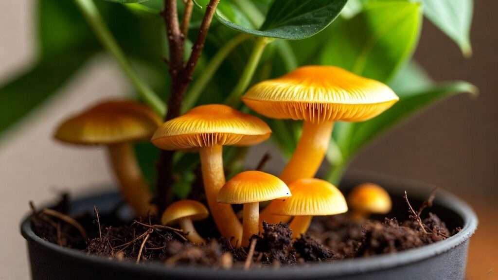 mushrooms growing in potted plant