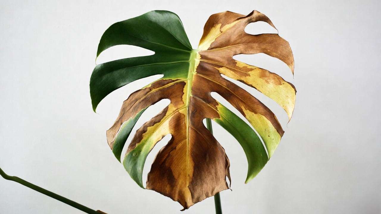 Monstera leaf sunburn and drooping from direct sunlight