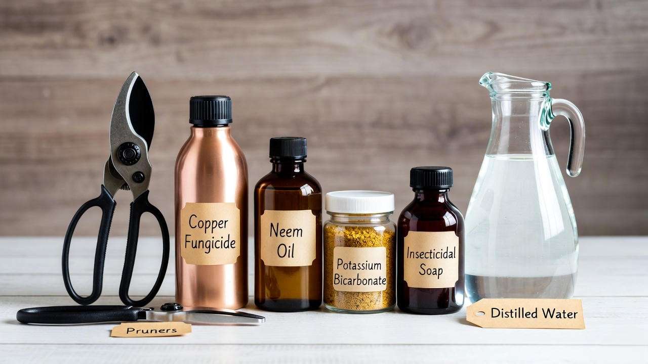 Essential treatments for black dots on plant leaves: fungicides, neem, soap, and tools arranged on table”