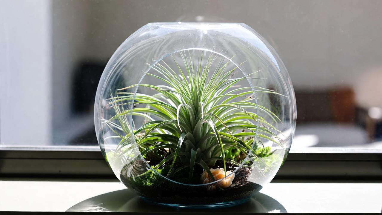 Large air plant in an open glass terrarium with shells