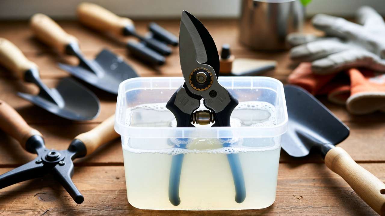 Pruning shears soaking in 10% bleach solution for deep disinfection during plant disease prevention.