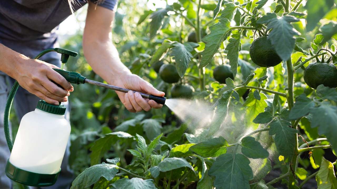Gardener spraying organic neem oil or soap solution on plant leaves for natural whitefly control