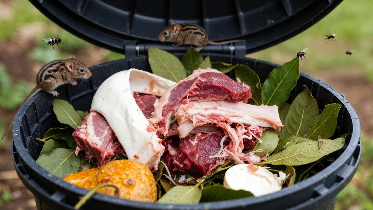 Incorrect materials like meat and dairy in compost pile causing pest problems