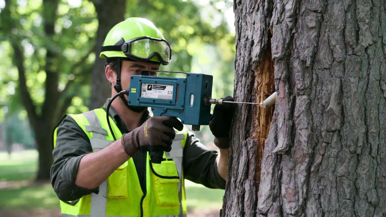 Certified arborist performing resistograph micro-drilling test on tree trunk to detect hidden decay when identifying tree trunk rot early