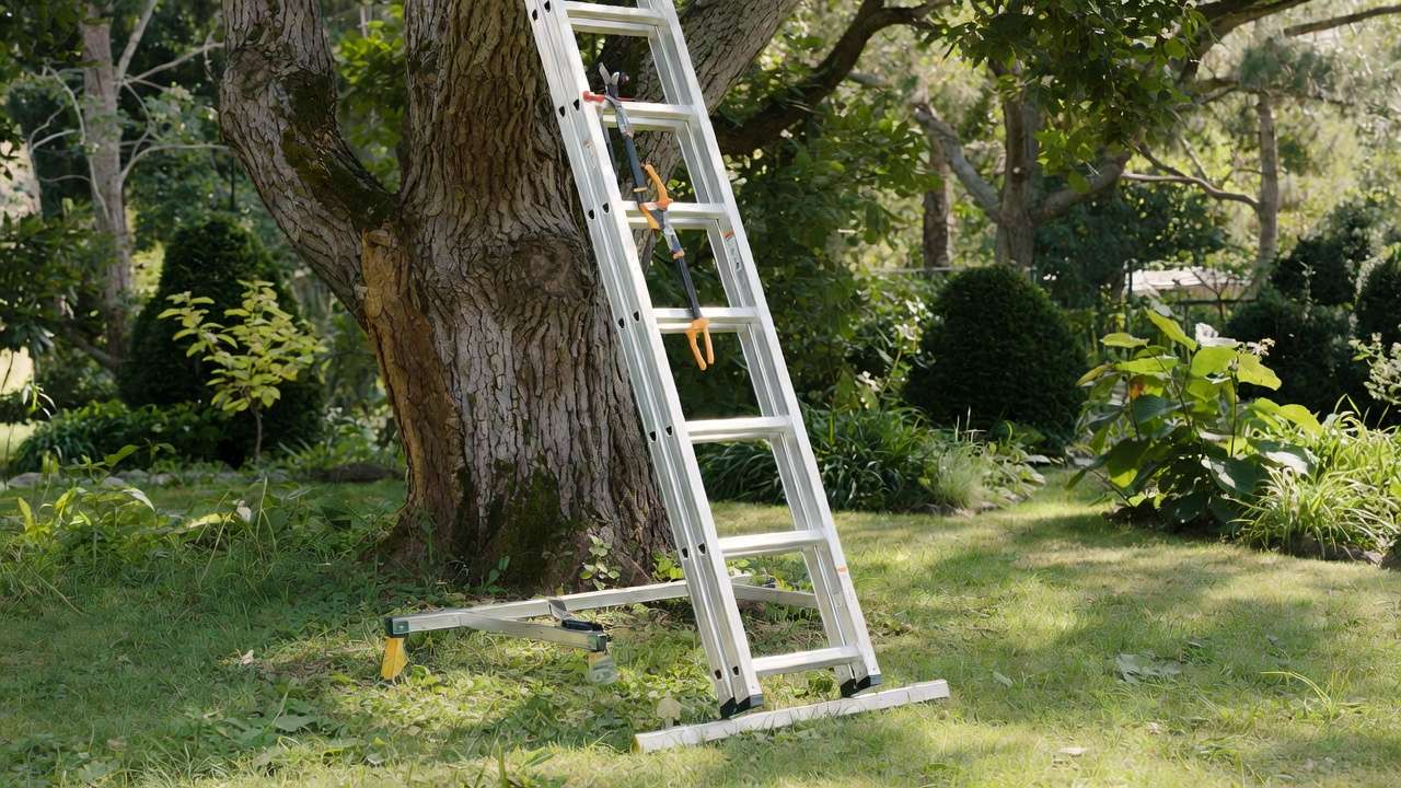 Stable extension ladder with stand-off stabilizer and levelers set up safely against a tree for high pruning work