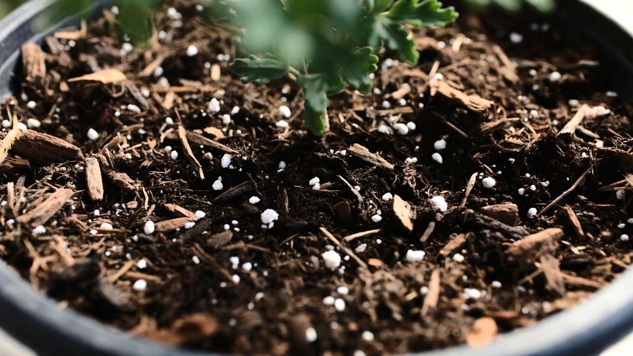 Coarse pine bark and perlite top-dressing mulch on potted plant soil for long-term aeration and compaction prevention