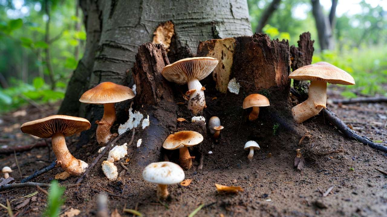 Mushrooms growing at tree base indicating possible root rot and serious decline in a dying tree