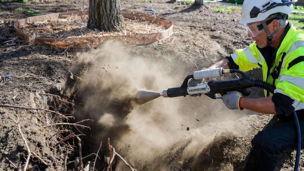 Arborist using air spading tool to relieve severe soil compaction around tree roots safely.