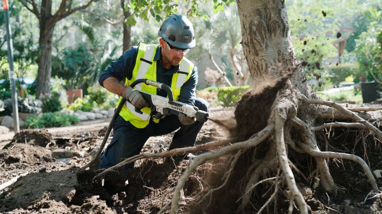 Arborist using air spading technique for safe root aeration and tree root care in compacted soil