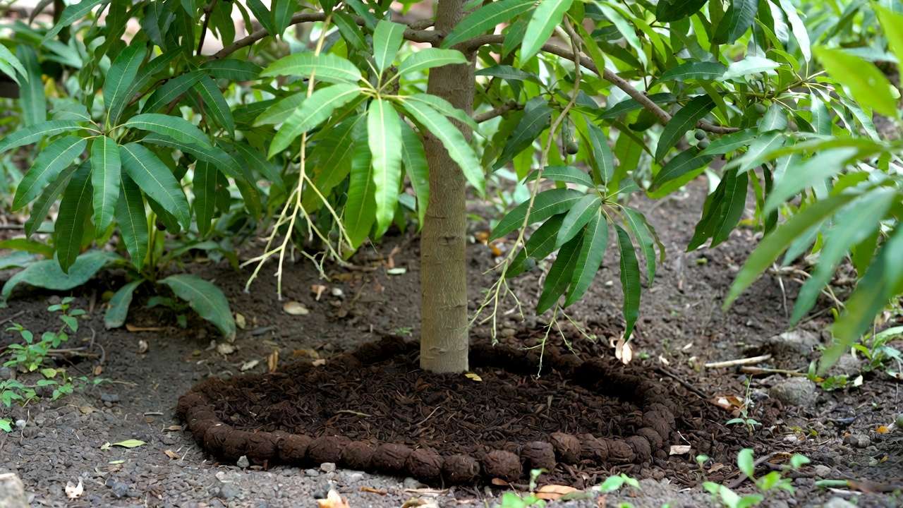 Young mango tree mulched with worm castings for improved growth and healt