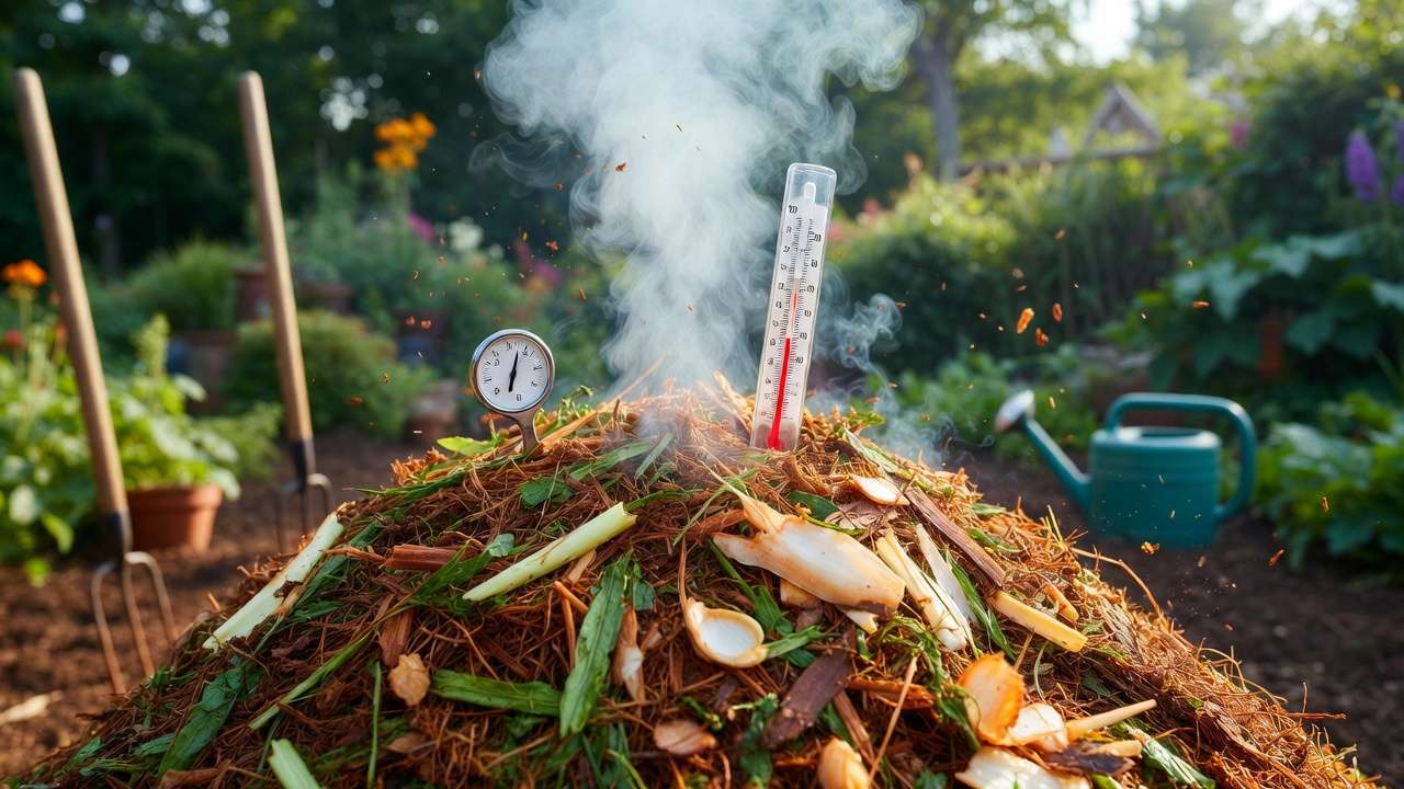 Active hot compost pile with steam and high temperature showing advanced green vs. brown balance for faster decomposition in home gardening