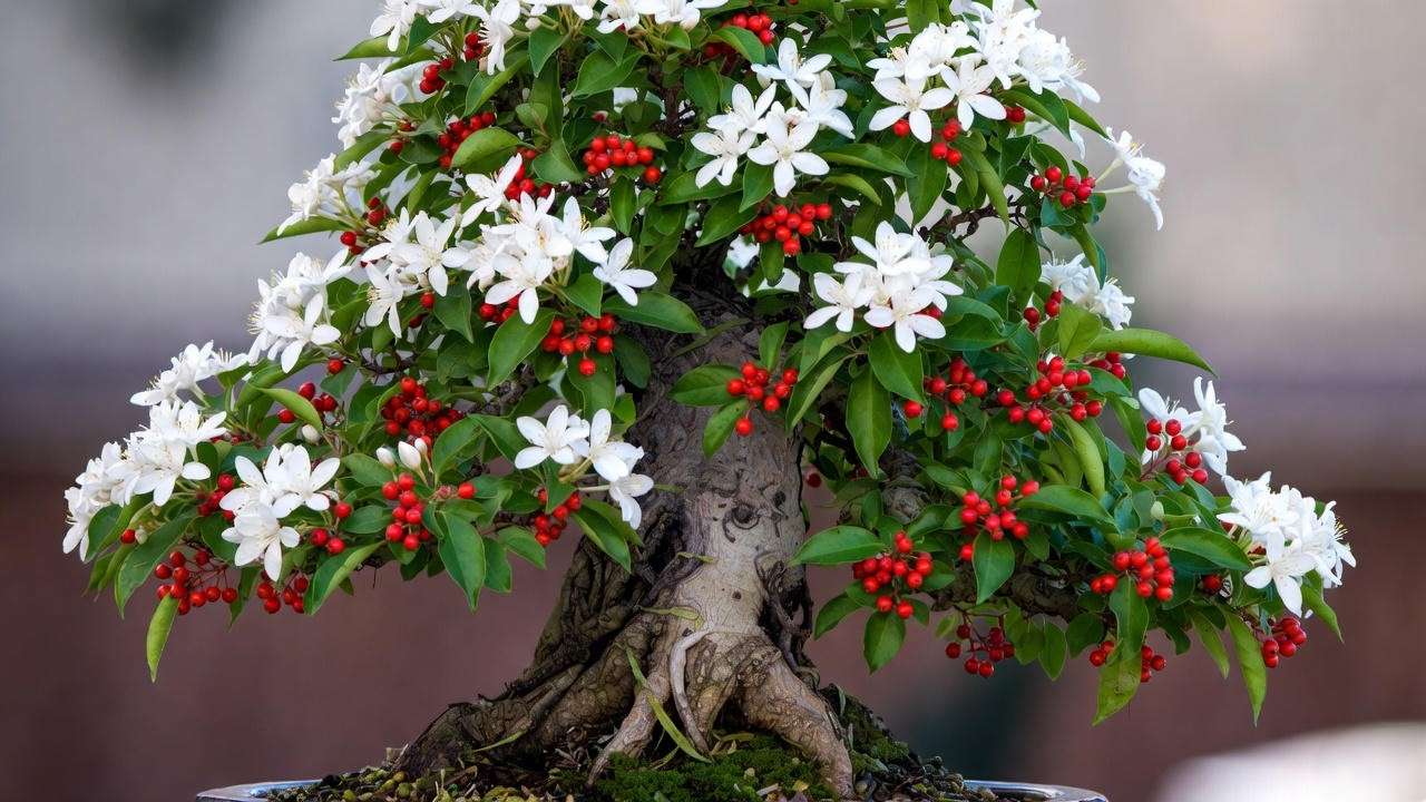 Mature Carmona microphylla bonsai with thick trunk, abundant white flowers, and red berries in full glory
