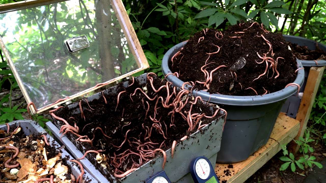 Optimized vermicompost bin setup with red wigglers in ideal conditions for high-yield nutrient-rich castings.