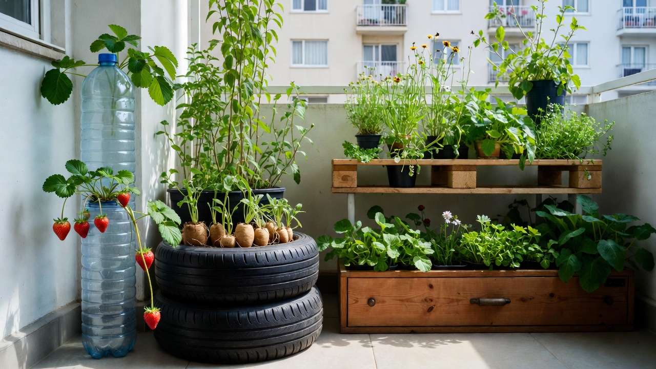 Integrated recycled urban balcony garden with multiple upcycled planters and diverse plants