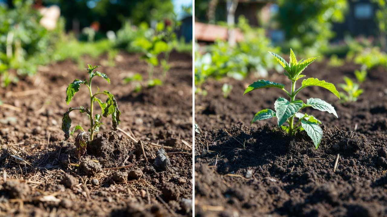Before and after soil aeration: compacted vs revived aerated soil with healthier plants from root care techniques