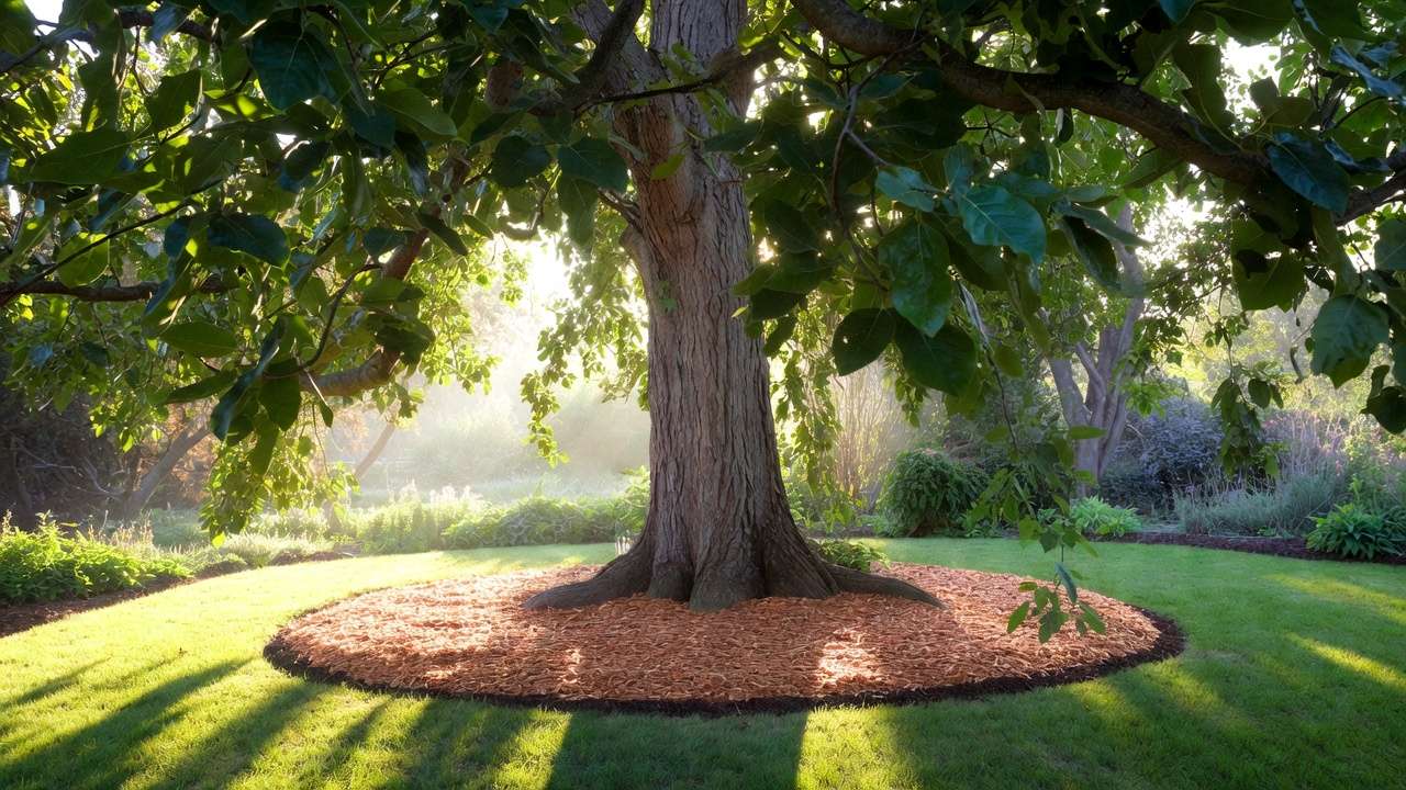 Healthy large tree with proper mulch ring and topdressed root zone, demonstrating long-term successful tree care results