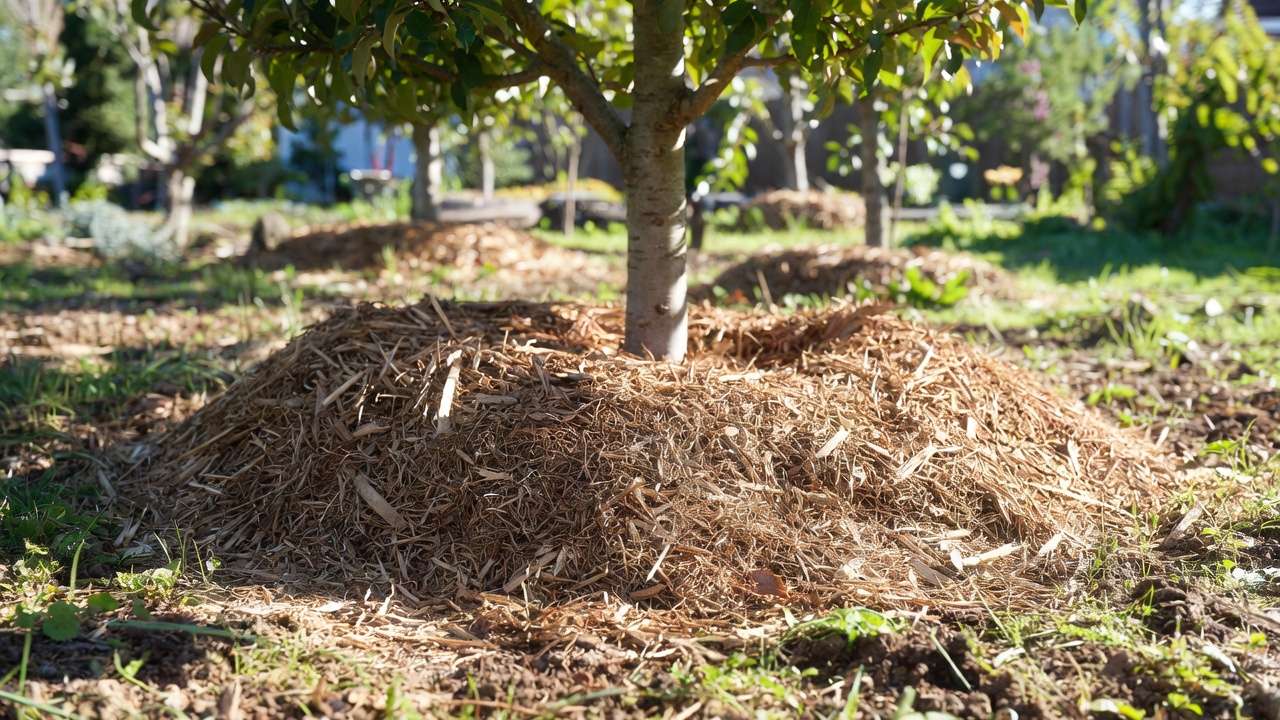 Proper mulching around renovated fruit tree base with wood chips, no trunk contact
