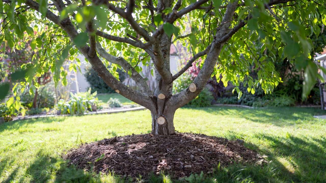 Healthy tree showing clean pruning cuts natural healing and mulch aftercare for optimal recovery