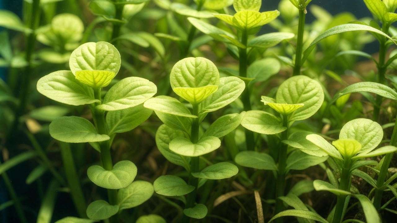 Close-up of healthy submerged Lobelia cardinalis cardinal plant with bright green rounded leaves in aquarium